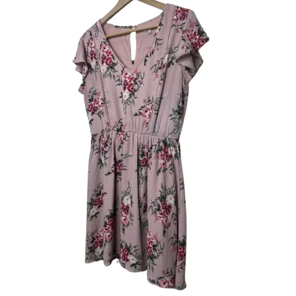 LILY STAR | Women's Pink Floral Short Sleeve Mini Dress | Size L - Picture 5 of 12